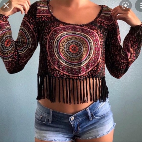 Gypsy Warrior Tops - Gypsy Warrior Red and Black Patterned Fringe Crop Top